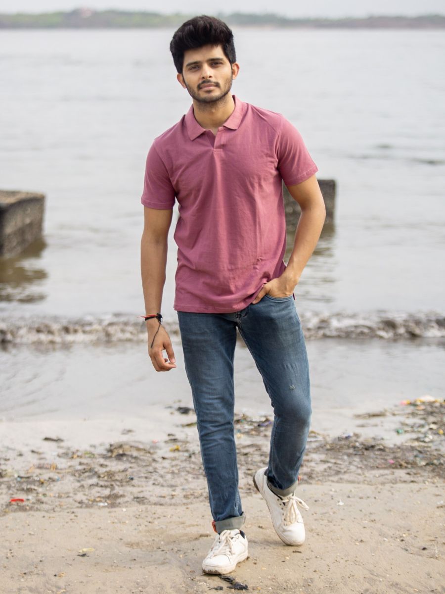 Beet rose men's organic cotton polo neck t-shirt