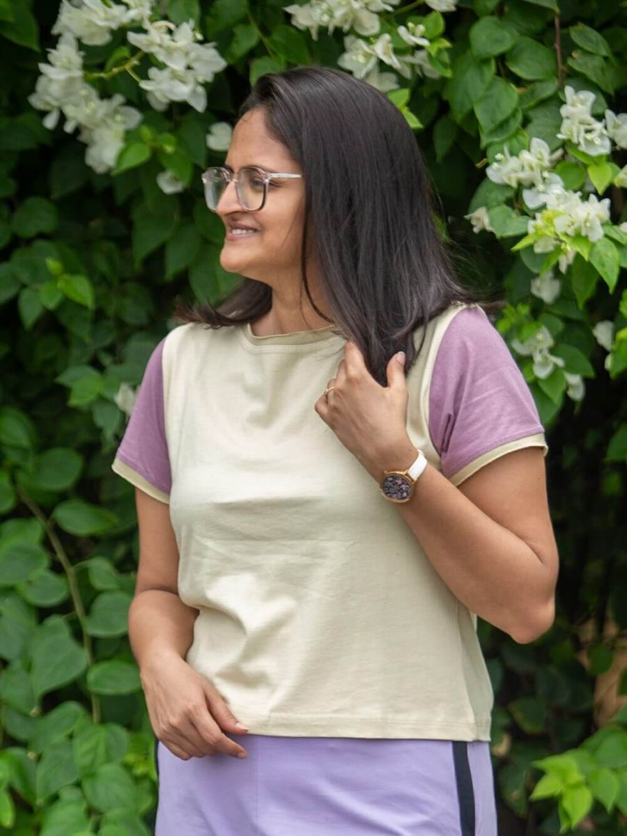 Cream color-blocked women's organic cotton crop top