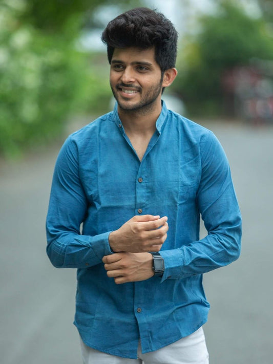 Indigo mandarin collar shirt