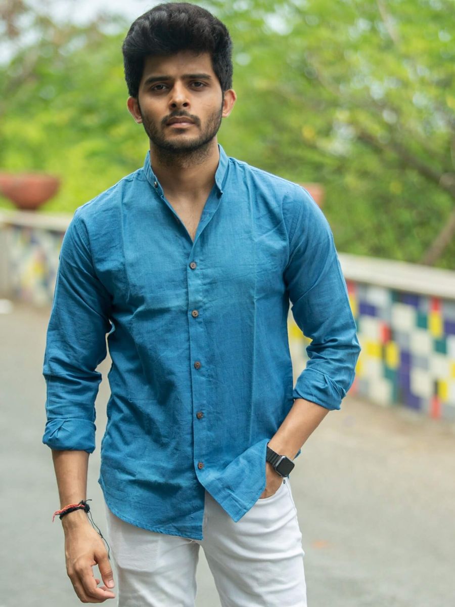 Indigo mandarin collar shirt