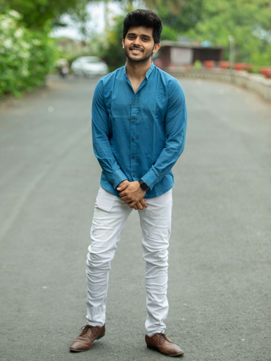 Indigo mandarin collar shirt