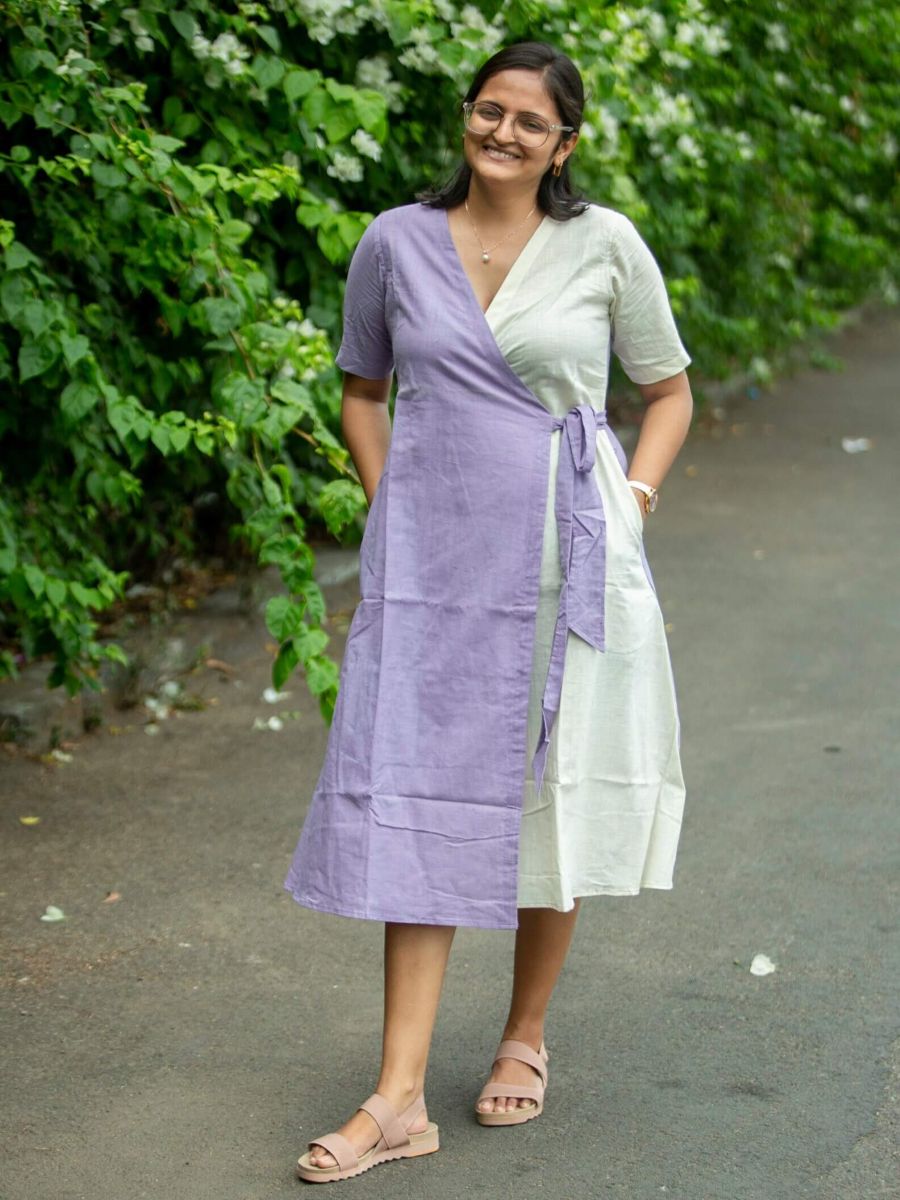 Lilac cream women's handwoven cotton midi dress