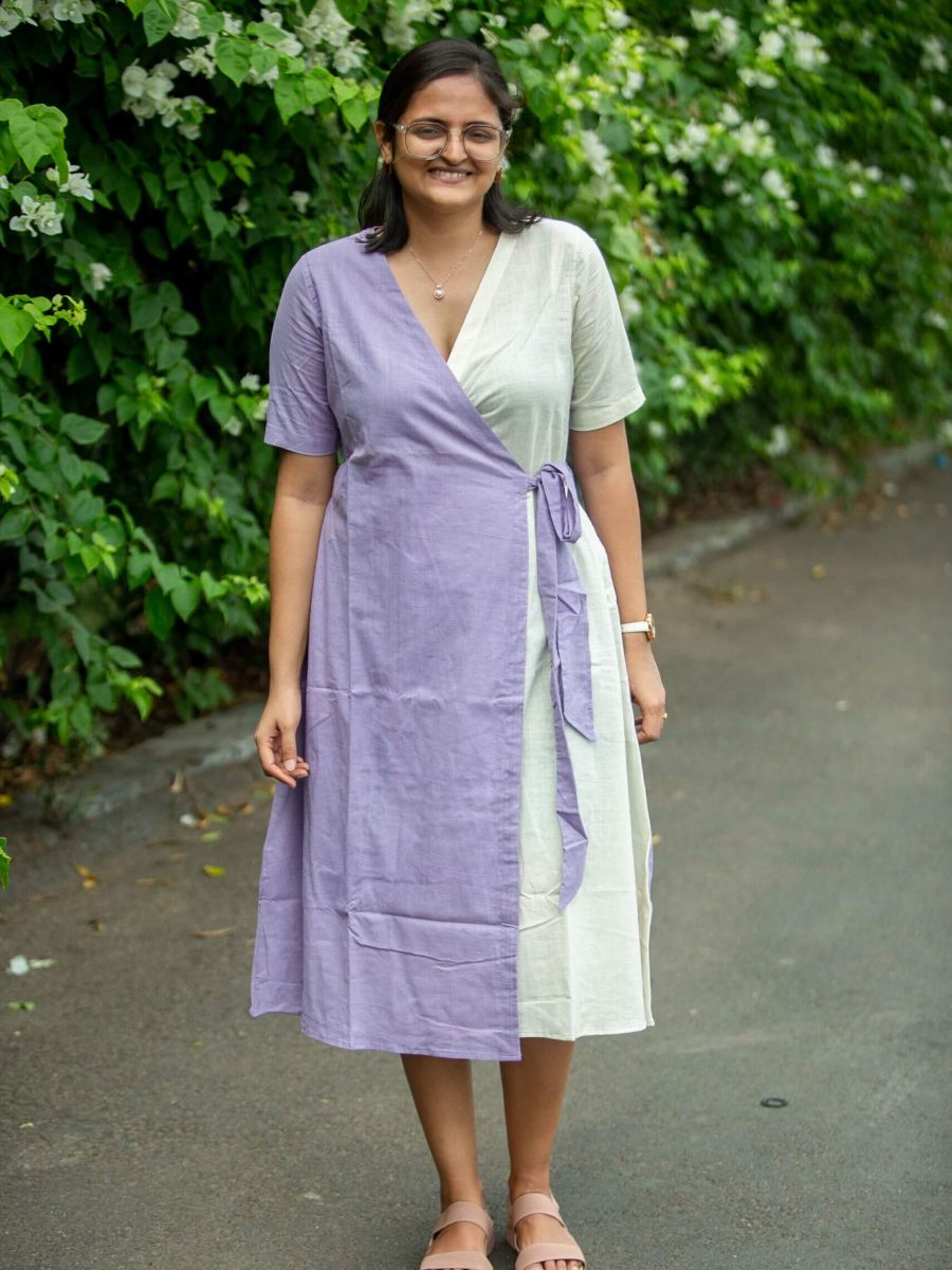 Lilac cream women's handwoven cotton midi dress