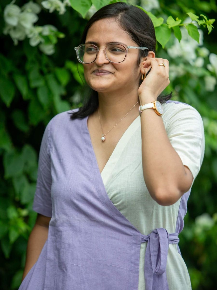 Lilac cream women's handwoven cotton midi dress