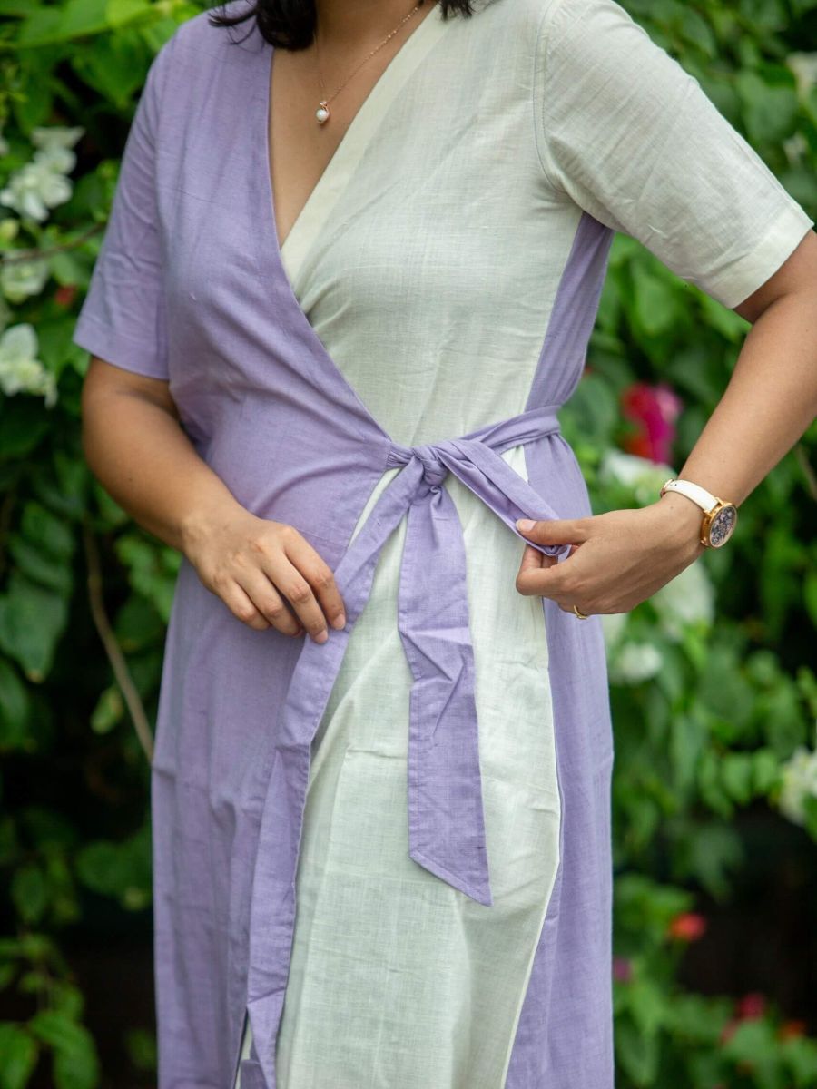 Lilac cream women's handwoven cotton midi dress
