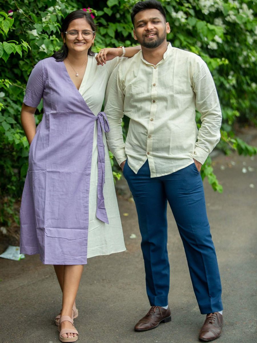 Lilac cream women's handwoven cotton midi dress