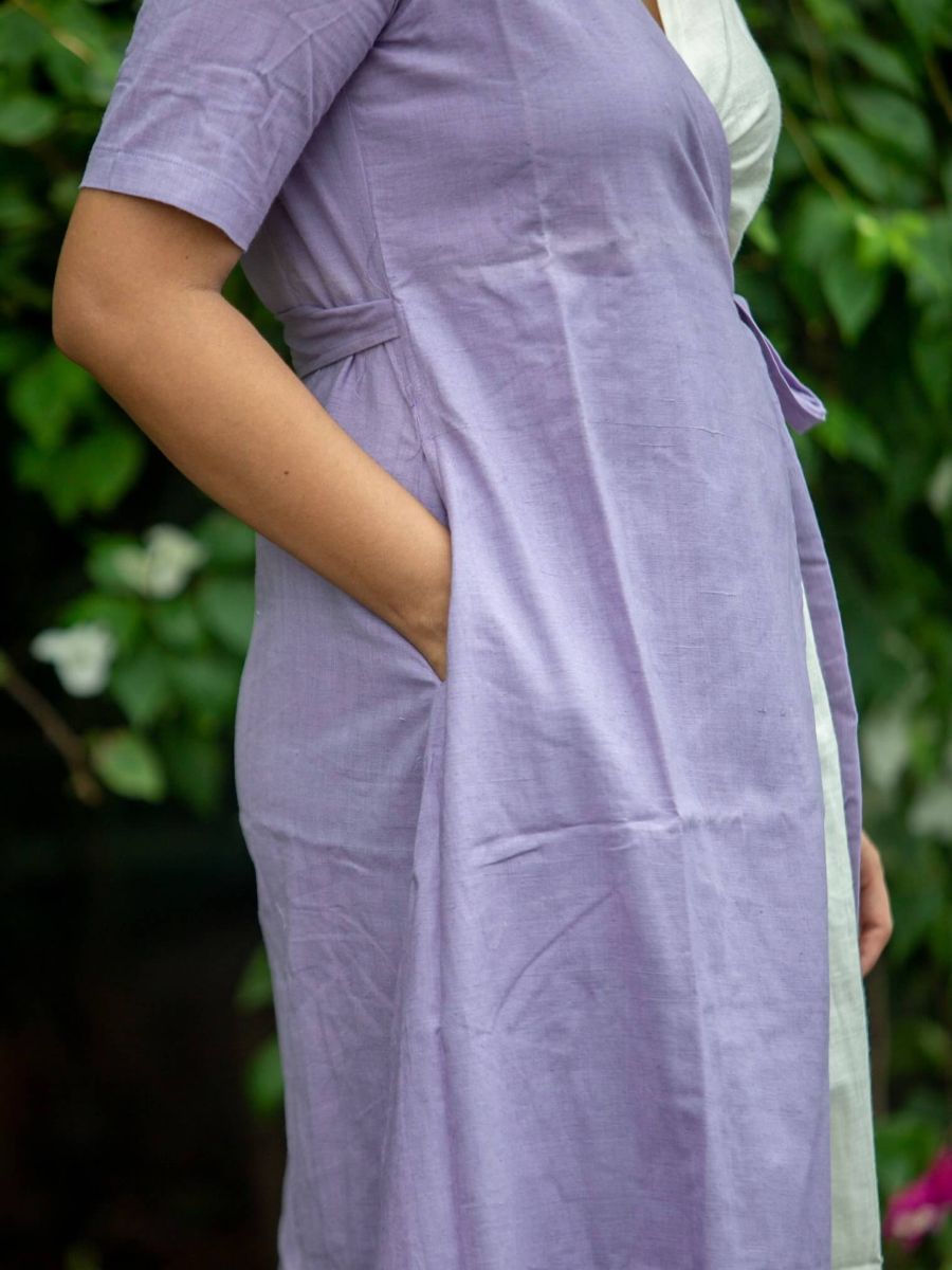 Lilac cream women's handwoven cotton midi dress
