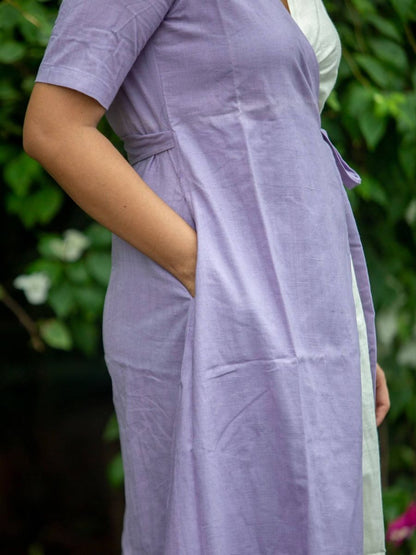Lilac cream women's handwoven cotton midi dress